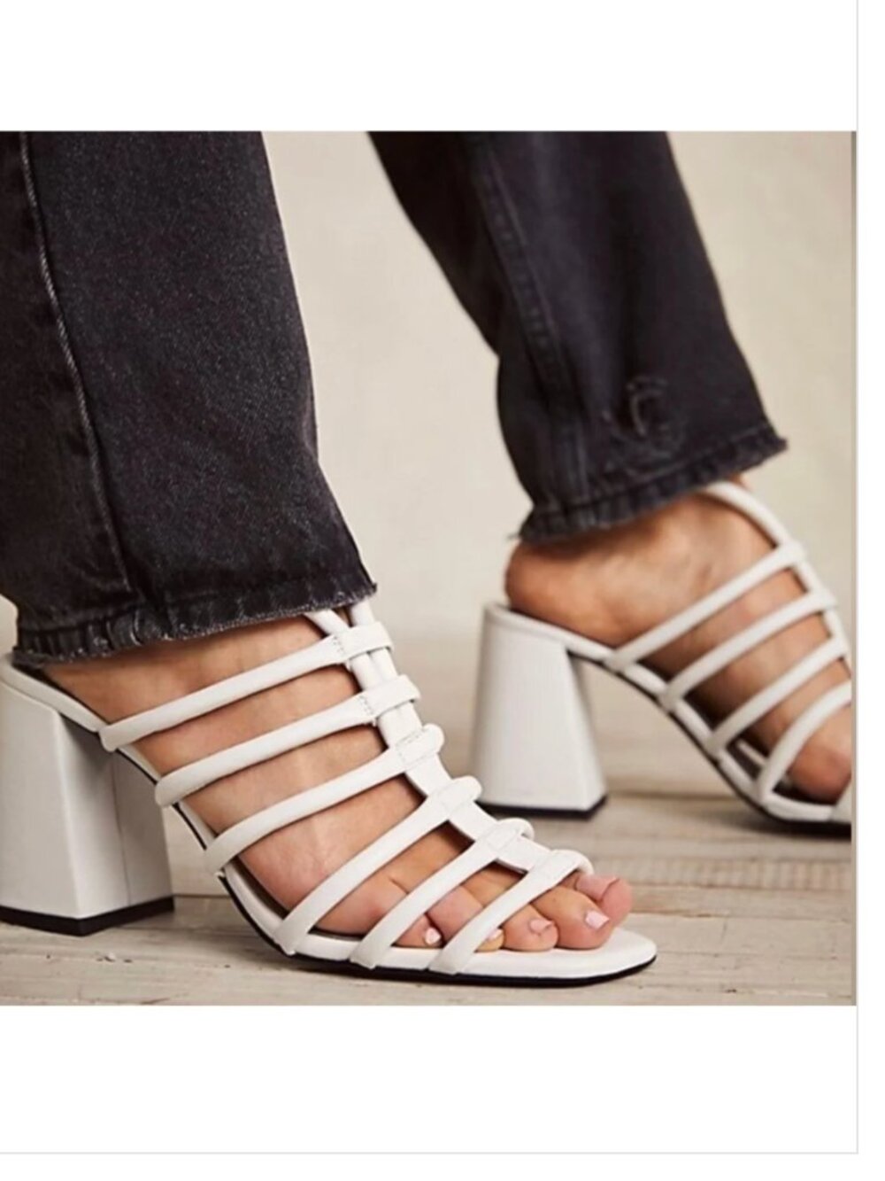 Free People Colette Cinched Heels Strappy Block Heel Sandals Mule White Size 7.5